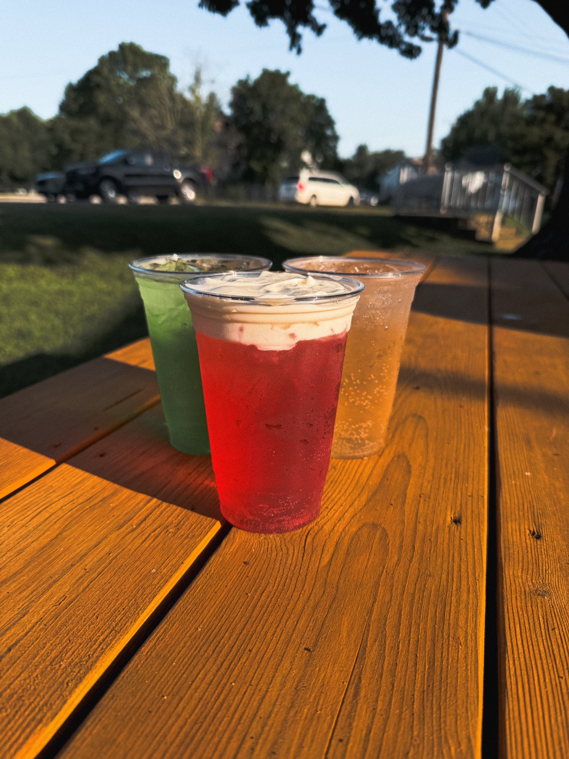 Three colorful lotus and soda drinks on a picnic table